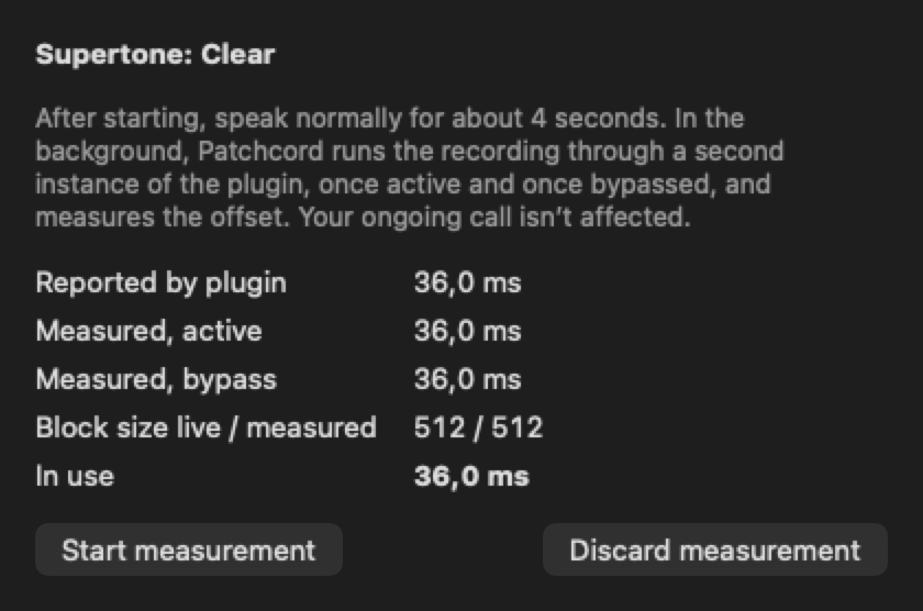 The “Measure latency” window with reported and measured plugin latency