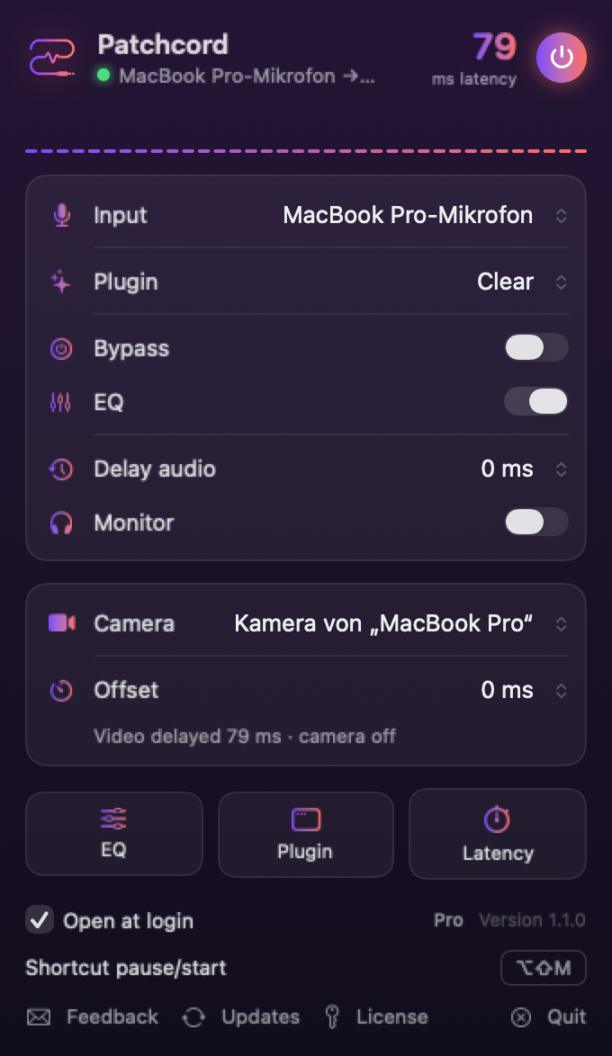 The Patchcord menu: status, latency, live level, input, plugin, EQ and camera