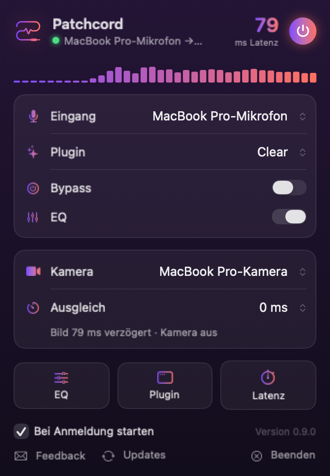 Das Patchcord-Menü: Status, Latenz, Live-Pegel, Eingang, Plugin, EQ und Kamera